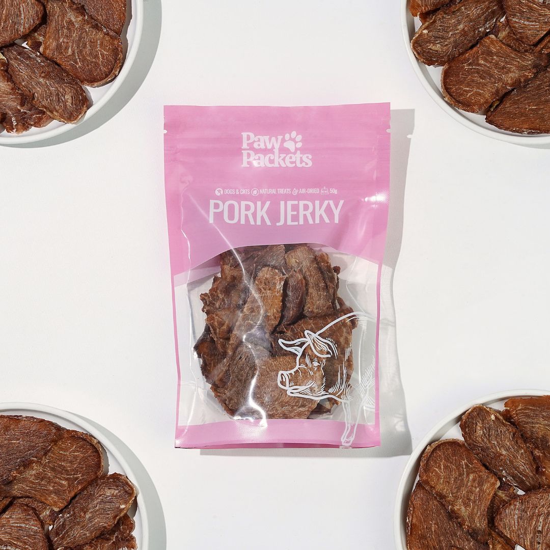 paw packets treats cemilan anjing kucing pork jerky babi